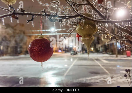 Toronto, Canada. Dec 22, 2013. La glace s'accroche à des ornements de Noël. La pluie verglaçante s'accrochaient à chaque surface de la région du Grand Toronto, l'abattage des arbres et des lignes électriques. Credit : Victor Biro/Alamy Live News Banque D'Images