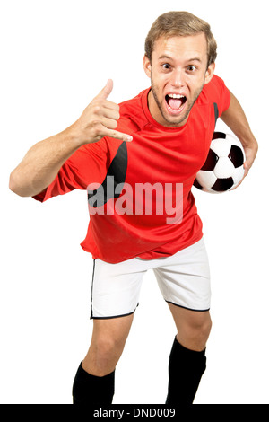 Joueur de football avec un ballon isolé dans White Banque D'Images