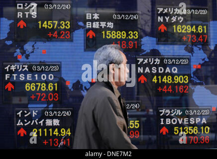 Tokyo, Japon. Le 24 décembre, 2013. Un homme passe devant un panneau électronique montrant partager index dans Tokyo, Japon, le 24 décembre 2013. La question de 225 Nikkei Stock Average fini de 18,91 points, de plus que vendredi dernier, à 15 889,33, étendant sa strie de gain à un cinquième jour de marché. Credit : Stringer/Xinhua/Alamy Live News Banque D'Images