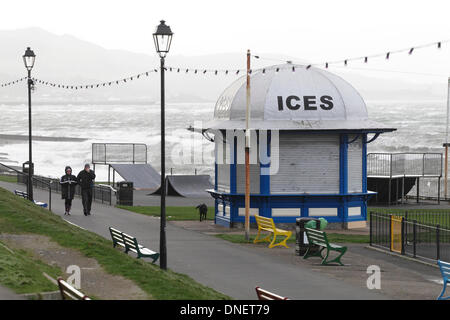 Largs, North Ayrshire, Écosse, Royaume-Uni, mardi 24 décembre 2013. La force de Gale serpente avec des rafales jusqu'à 90 km/h prévu pour la veille de Noël a frappé le Firth of Clyde sur la côte ouest de l'Écosse comme montré ici sur la Promenade à côté du kiosque de glace de Mackerston. Banque D'Images