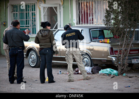 Les enquêteurs de police sur les lieux d'un médicament pousse dehors dans un taudis, 14 janvier 2009 à Juarez, au Mexique. Le tournage, liée à la drogue en cours à une guerre qui a déjà fait plus de 40 personnes depuis le début de l'année. Plus de 1600 personnes ont été tuées à Juarez en 2008, faisant de la ville la plus violente Juarez au Mexique. Banque D'Images