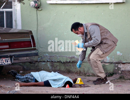 Les enquêteurs de police sur les lieux d'un médicament pousse dehors dans un taudis, 14 janvier 2009 à Juarez, au Mexique. Le tournage, liée à la drogue en cours à une guerre qui a déjà fait plus de 40 personnes depuis le début de l'année. Plus de 1600 personnes ont été tuées à Juarez en 2008, faisant de la ville la plus violente Juarez au Mexique. Banque D'Images