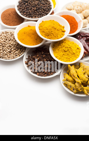 Épices, poudre de curcuma, piment, Curry, cannelle, Curcuma, girofle, poivre blanc, poivre noir, pois chiches Banque D'Images