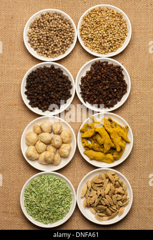 Épices, fenouil, cardamome, curcuma, le pois chiche, girofle, poivre noir, poivre blanc, Coriandre Banque D'Images