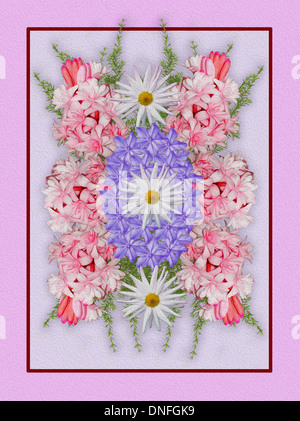 Art floral unique rose avec ornithogalums, marguerites blanches, bleu, fleurs et feuillage vert sur fond lilas / rose pastel avec châssis plus sombre Banque D'Images