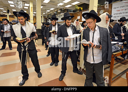 Les hommes juifs orthodoxes à la prière du matin en semaine portant des phylactères et tefillin - - châles de prière. Crown Heights, Brooklyn, NY Banque D'Images