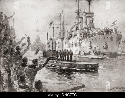 Le sous-marin allemand U9 réception de bienvenue des héros à son retour à la base navale de Wilhelmshaven après avoir coulé trois croiseurs britanniques Banque D'Images
