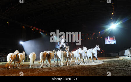 Munich, Allemagne. Dec 27, 2013. Les Français dressage et de rider performes Lorenzo avec ses chevaux au 'Cavallo Classico' Horse Show de Munich, Allemagne, le 27 décembre 2013. Le spectacle va résider à Munich jusqu'au 31 décembre 2013. Photo : Tobias HASE/dpa/Alamy Live News Banque D'Images