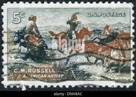 USA - circa 1964 : timbre-poste imprimé aux Etats-Unis, montre une photo de "arrachées" par Charles M. Russell, vers 1964 Banque D'Images