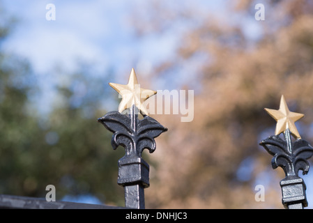 Clôture de fer entourant le Texas State Capitol Building motif à Austin, Texas, garni d'or Lone Stars Banque D'Images