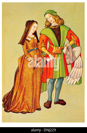 English l'homme et la femme dans les vêtements de plein air fin du 15e siècle Banque D'Images