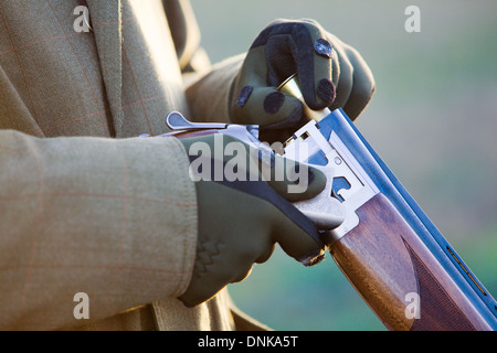 Un homme du chargement d'un fusil de calibre 12 ou de l'alésage sur un faisan tourner en Angleterre Banque D'Images