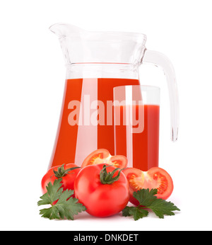 Jus de légumes tomate en pot de verre isolé sur fond blanc dentelle Banque D'Images