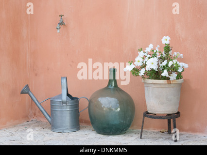 Jardin Nature morte avec arrosoir, vase pot rond et blanc avec pétunia. Majorque, Baléares, Espagne. Banque D'Images