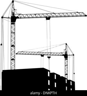 Silhouette de deux grues travaillant dans le bâtiment Illustration de Vecteur