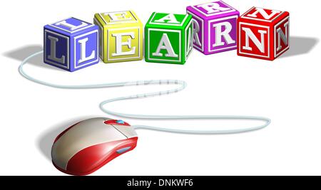 La souris connectés aux blocs alphabet lettre formant le mot apprendre. Concept pour l'e-learning. Illustration de Vecteur
