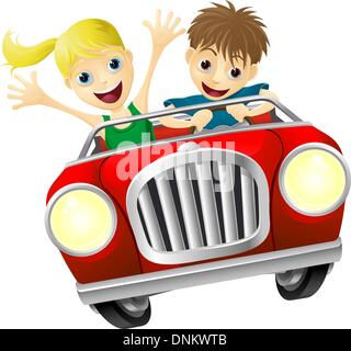 Cartoon jeune homme et femme avoir du plaisir au volant d'une voiture décapotable rouge Illustration de Vecteur