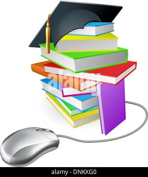 L'éducation, de la formation en ligne ou d'apprentissage, concept, une souris d'ordinateur connecté à une pile de livres avec graduation cap sur elle. Illustration de Vecteur