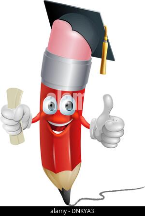 Crayon mascot cartoon d'études supérieures. Un crayon cartoon homme avec un diplôme ou un certificat portant une graduation cap et faire un coup de pouce Illustration de Vecteur