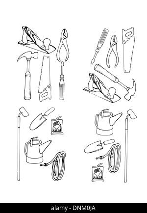 Collection de contours vectoriels de divers outils en noir et blanc d'exécution Illustration de Vecteur