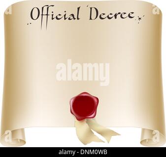 Historique ancien certificat papier faites défiler le document ou un décret avec sceau de cire rouge. Illustration de Vecteur