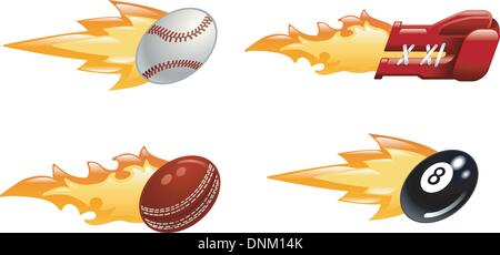 Un brillant brillant sport flaming icon set. Balle de base-ball, gant de boxe, cricket ball et black pool 8 ball flying fast à t Illustration de Vecteur