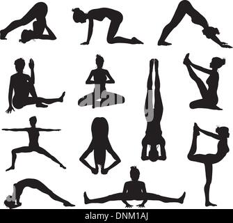 Un jeu de grande qualité très détaillées de yoga ou de pilates posent des silhouettes Illustration de Vecteur