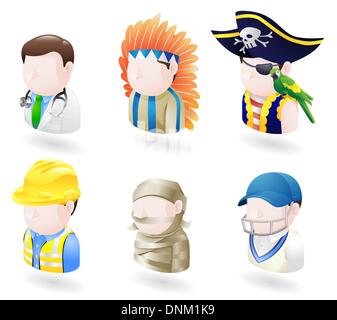 Un avatar de personnes ou d'internet web icon set série. Comprend un médecin, amérindiens, pirate, constructeur ou d'un travailleur de la construction ou Illustration de Vecteur