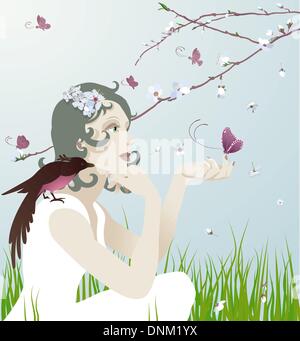 Une belle jeune femme assise sous un arbre en fleurs et d'oiseau et de papillons Illustration de Vecteur