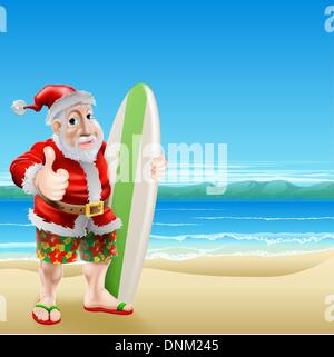 Une illustration du Père Noël debout en short et sandales on a beach holding a surfboard et fait un Thumbs up Illustration de Vecteur