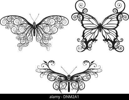 Illustrations de papillons abstrait stylisé avec des motifs et des vagues qui composent ailes Illustration de Vecteur