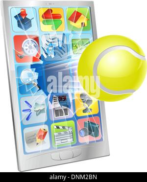 Illustration d'une balle de tennis flying out of a broken cell phone écran Illustration de Vecteur