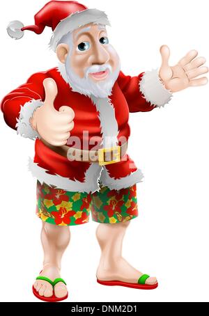 L'été, vêtements de plage Santa en long Board shorts ou bermudas et flip-flop sandals faisant un coup de pouce. Illustration de Vecteur