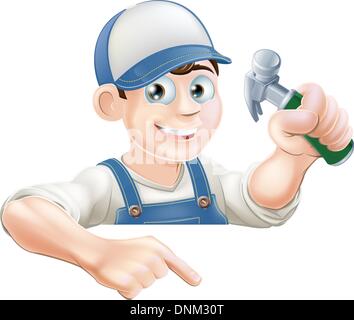 Un dessin de carpenter ou de construction guy avec un marteau d'oeil sur un signe ou une bannière et pointant sur elle Illustration de Vecteur