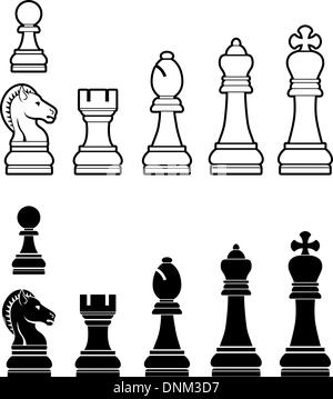 Une illustration d'un jeu complet de pièces d'échecs en noir et blanc Illustration de Vecteur