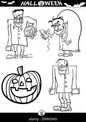 Cartoon Illustration de thèmes Halloween noir et blanc à colorier pour définir ou Page Illustration de Vecteur