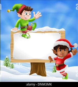 Deux type d'aide du Père Noël personnages de Noël avec un grand panneau avec copyspace Illustration de Vecteur