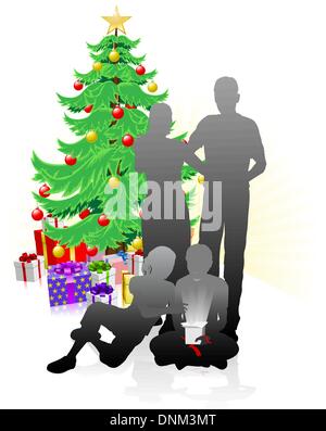 Unwrapping Christmas gifts in front of Christmas Tree Illustration de Vecteur