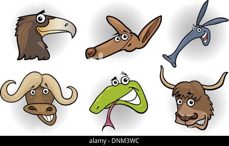 Funny Cartoon Illustration des différents types de têtes d'animaux sauvages ensemble : Eagle Kangourou ; ; ; Buffalo Aardvark ; Snake et Yak Illustration de Vecteur