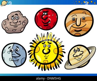 Cartoon Illustration d'Orbes drôles et les planètes du système solaire Space Comic Mascot Character Illustration de Vecteur