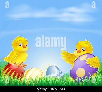 Cute cartoon happy little yellow les poulets de bébé de Pâques avec des oeufs de Pâques décorés Illustration de Vecteur