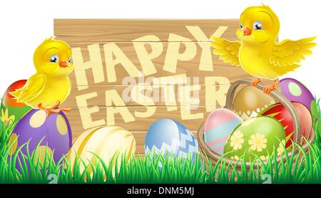 Un panneau qui dit vacances de Pâques Joyeuses Pâques avec un panier plein d'œufs de Pâques et les oiseaux cute cartoon Illustration de Vecteur