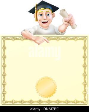 L'homme dessin animé dans les diplômés titulaires d'un certificat de défilement, d'un diplôme ou d'autre qualité, plus d'un certificat et lorgnant ancragedans Illustration de Vecteur