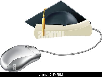 L'éducation, de la formation Internet ou d'apprentissage, concept, une souris d'ordinateur connecté à un diplôme ou certificat faites défiler avec l'obtention du diplôme Illustration de Vecteur