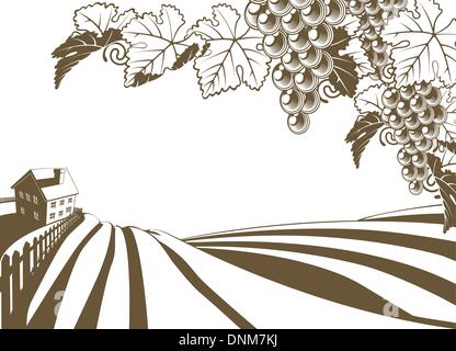 Vigne vignoble illustration ferme avec le matériel roulant et les collines plantées de ferme. Grappes de raisins et de vigne en premier plan. Dans vintage Illustration de Vecteur