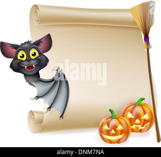 Une illustration d'une Halloween faites défiler avec l'espace pour votre message et les sorcières, les chats et un balai et cartoon bat Illustration de Vecteur