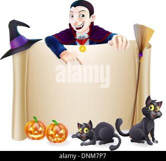 Un défilement Halloween signer avec un personnage vampire Dracula au-dessus de la bannière, les citrouilles et les chats de la sorcière, un chapeau et un balai Illustration de Vecteur