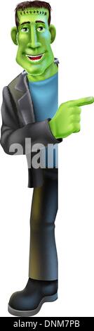 Cartoon Halloween Frankenstein personnage peeking autour d'un signe et pointage de bannière Illustration de Vecteur
