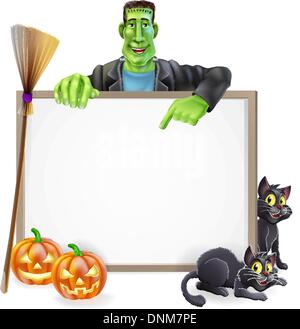 Un signe de l'Halloween avec un caractère classique de Frankenstein, dirigé vers le bas et les chats noirs de la sorcière, balai et Halloween Illustration de Vecteur