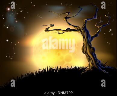 Un spooky effrayant Halloween orange scène d'arrière-plan avec la pleine lune, nuages, Hill, et effrayant tree Illustration de Vecteur